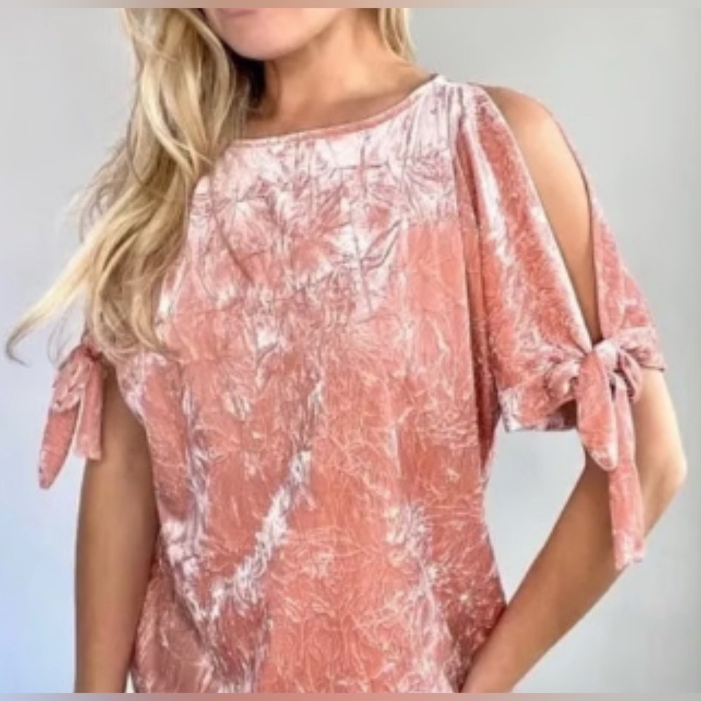 Maeve Anthropologie Crushed Velvet Cold Shoulder Tie Short Sleeve Top Pink Sz S